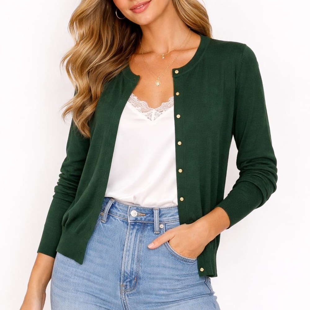 Dark Green Button Cardigan Lightweight Knit Women Classic Casual Sweater